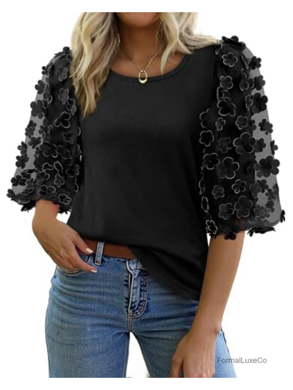 Womens Cotton 3/4 Puff Sleeve Blouse Mesh Appliques Casual Top